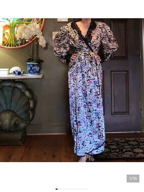 Dior Floral Wrap Robe with Black Lace Trim and Pink Accents
